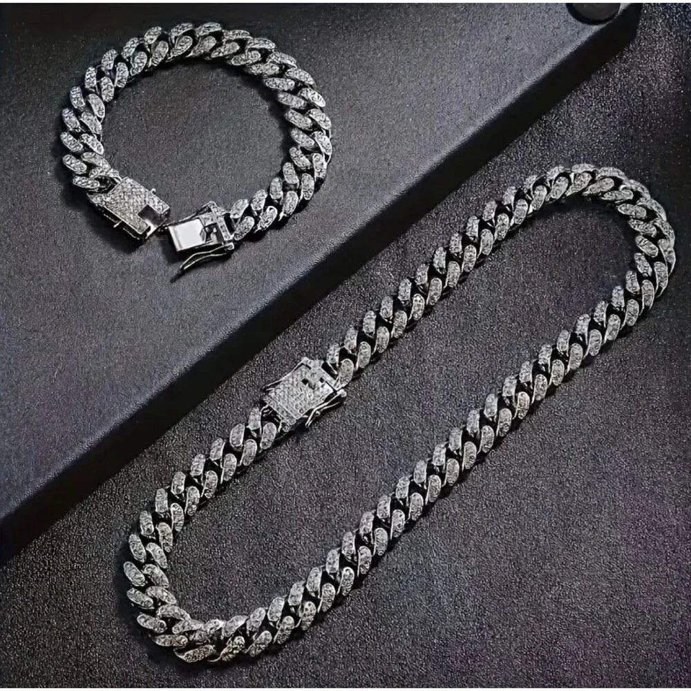 New 18k white gold filled Cuban link chain and bracelet set